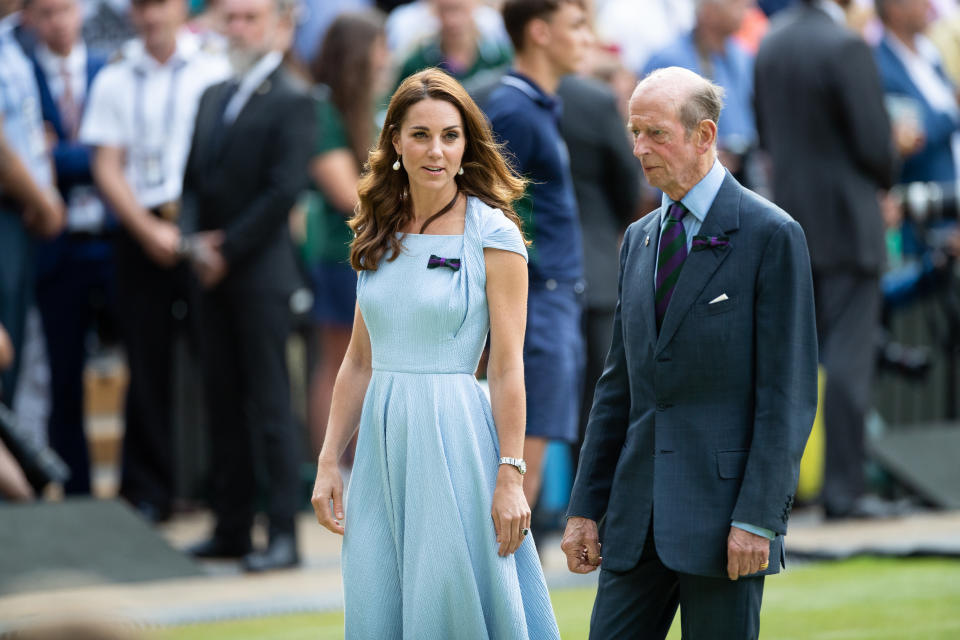 LONDON, ENGLAND - JULY 14:  Catherine, Duchess of Cambridge talks with Prince Edward, Duke of Kent after the trophy presentations of the Mens's Singles Final at The Wimbledon Lawn Tennis Championship at the All England Lawn and Tennis Club at Wimbledon on July 14, 2019 in London, England. (Photo by Simon Bruty/Anychance/Getty Images)