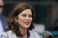 FILE - Michigan Gov. Gretchen Whitmer addresses the media after signing the final piece of a $76 billion state budget into law, July 20, 2022, in Detroit. (AP Photo/Carlos Osorio, File)