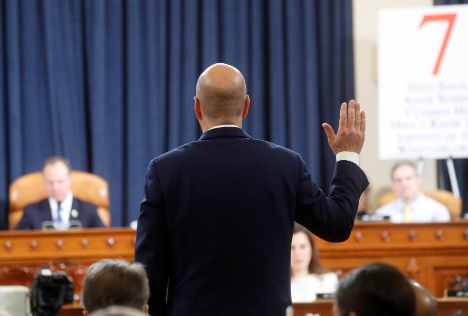 U.S. Ambassador to the European Union Gordon Sondland is sworn in to testify at a House Intelligence Committee hearing as part of the impeachment inquiry into U.S. President Donald Trump on Capitol Hill in Washington, U.S., November 20, 2019. REUTERS/Yara Nardi/Pool