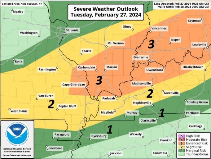 A map of the "enhanced" and "slight" risk areas for severe weather in the Tri-State on Tuesday and early Wednesday.