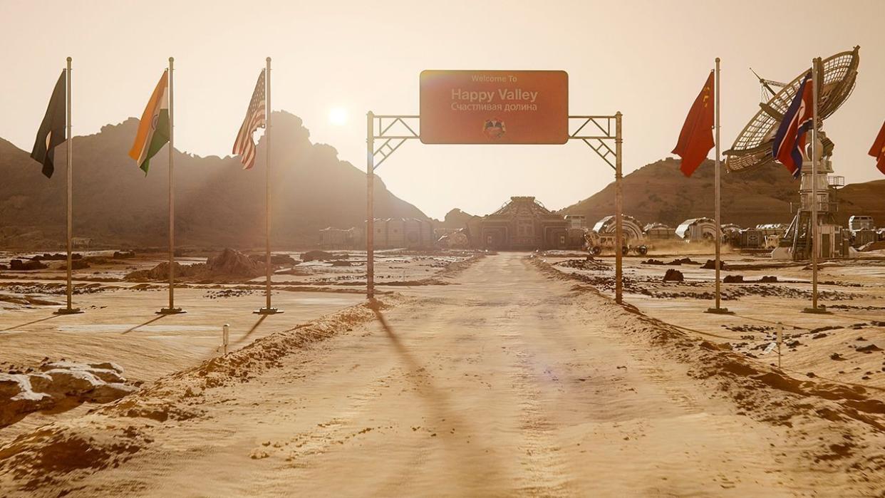  A base on the surface of Mars featuring several nations' flags. 