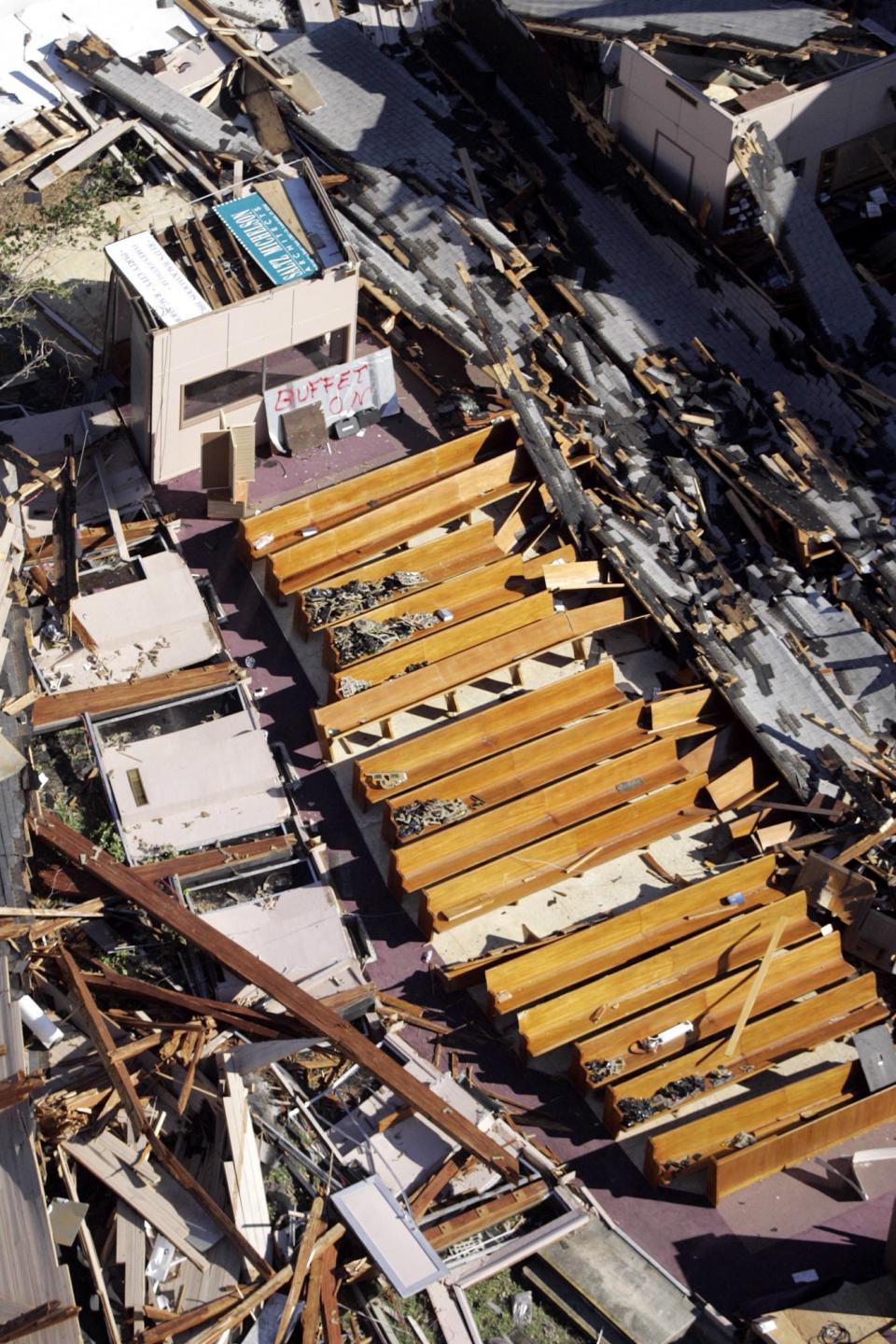 The pews are all that remained of Our Savior Lutheran Church after Hurricane Wilma blew through in 2005.