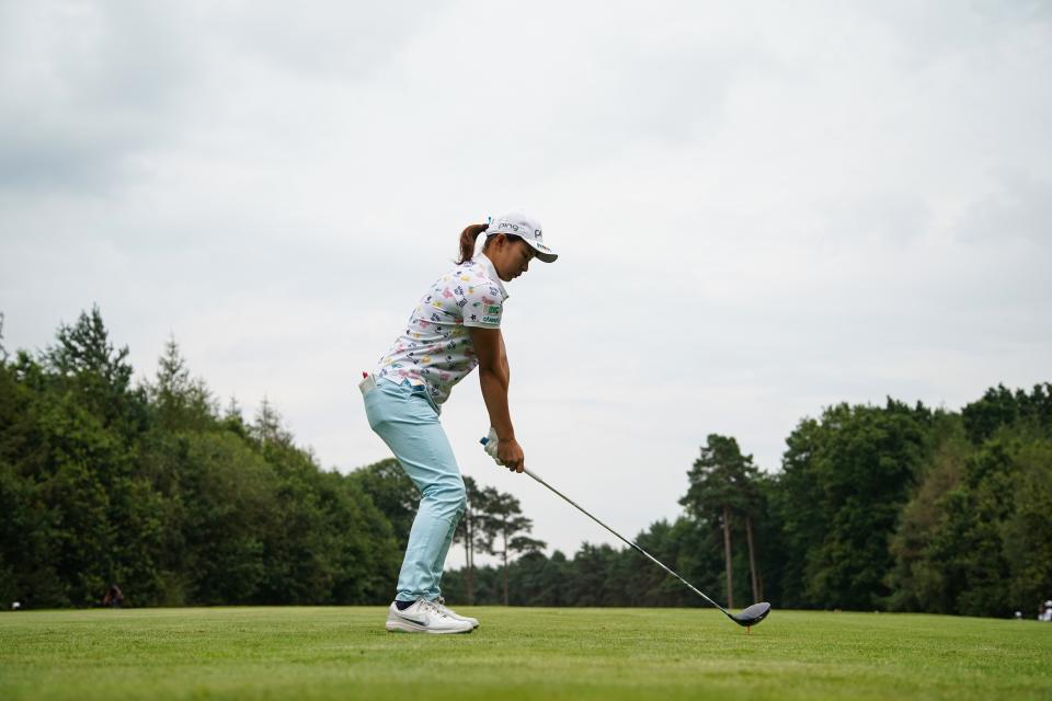 WOBURN, ENGLAND - AUGUST 04: (Swing sequence frame 1 of 12) Hinako Shibuno of Japan tee's off at the 13th during the final round of the AIG Women's British Open at Woburn Golf Club on August 04, 2019 in Woburn, England. (Photo by Richard Heathcote/Getty Images)