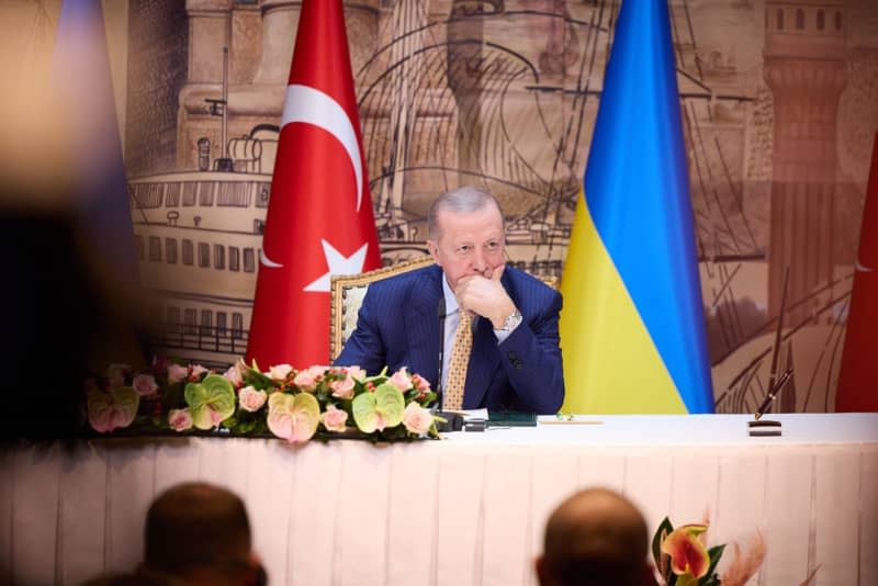 Turkish President Recep Tayyip Erdogan attends a joint press conference with Ukrainian President Volodymyr Zelensky (not pictured) at the presidential office in Dolmabahce.  -/Ukrainian Presidency/dpa