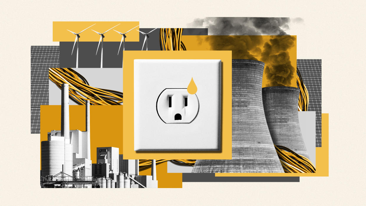 Photo composite of a power plant, cooling towers, wind turbines, solar panels, cables and an outlet socket. 