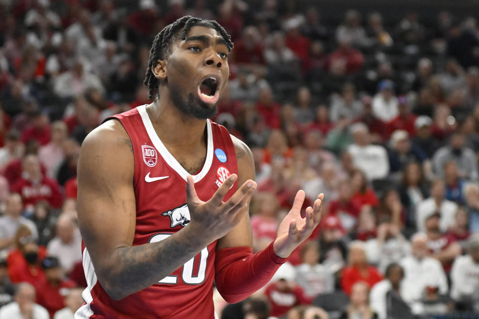 Arkansas' Kamani Johnson reacts in the first half of a Sweet 16 college basketball game against UConn in the West Regional of the NCAA Tournament, Thursday, March 23, 2023, in Las Vegas. (AP Photo/David Becker)