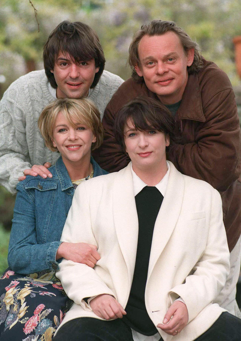 Stars of the BBC-1 series Men Behaving Badly ; Martin Clunes (top r) and Neil Morrissey, Leslie Ash (bottom left) and Caroline Quentin.   * 22/5/96 Caroline Quentin suing her agent. 27/8/96 The show, which  won the 1995 winner of Best Comedy in the National Television Awards (The Viewers Choice), has been nominated for the same  award again this year.   (Photo by Rebecca Naden - PA Images/PA Images via Getty Images)