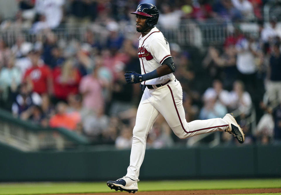 Atlanta Braves' Travis Demeritte (48) rounds the bases after hitting a two-run home run in the third inning of a baseball game against the Boston Red Sox Wednesday, May 11, 2022, in Atlanta. (AP Photo/John Bazemore)