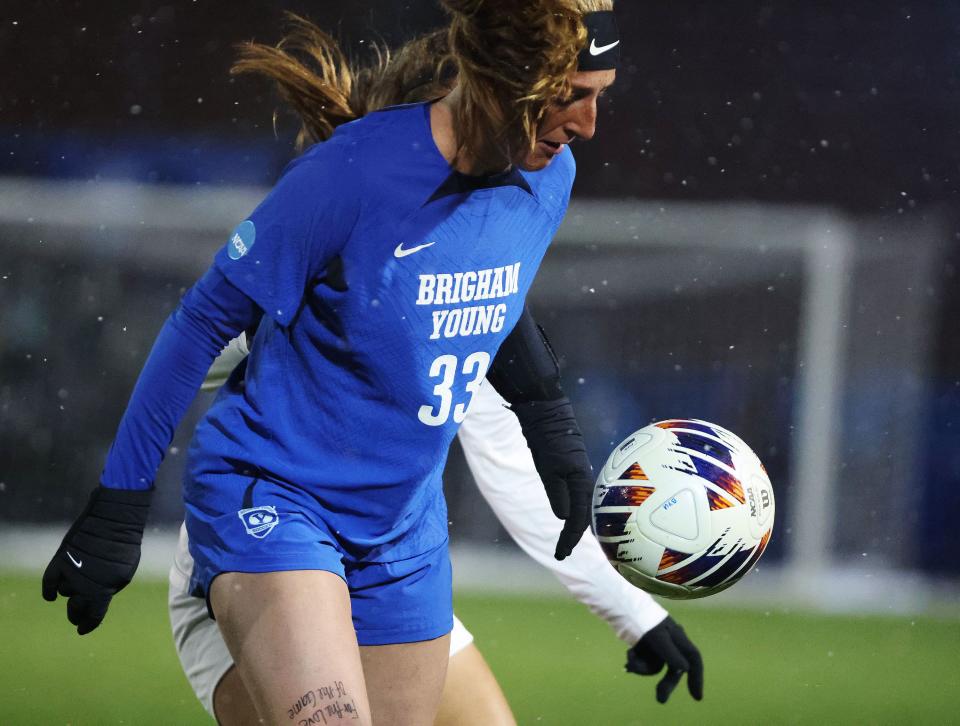 BYU forward Rachel McCarthy (33) controls the ball against North Carolina during the NCAA tournament quarterfinals in Provo on Friday, Nov. 24, 2023. | Jeffrey D. Allred, Deseret News