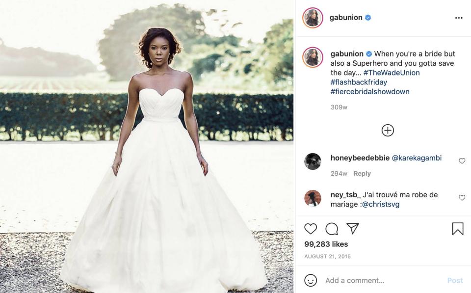 Gabrielle Union wore a strapless Dennis Basso dress on her wedding day.