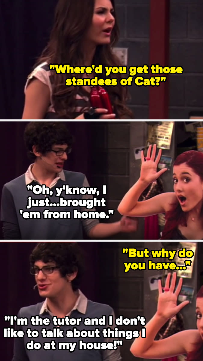 TV show scene with characters Cat, Robbie, and Jade discussing knee pads