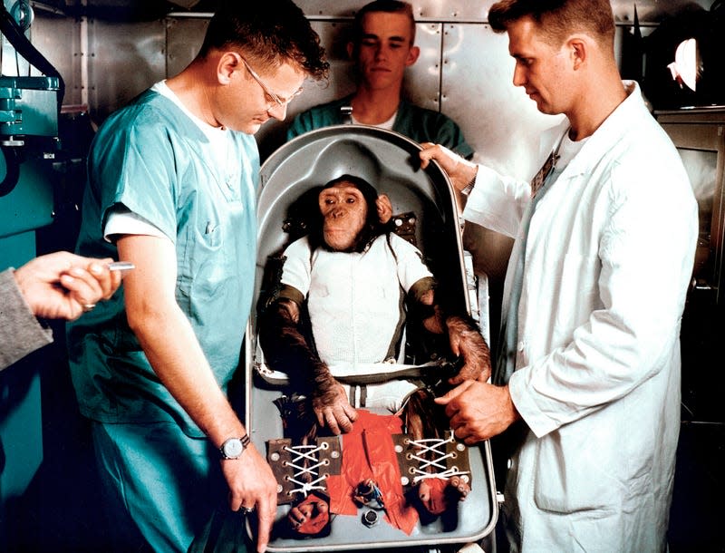 Ham the juvenile chimp with trainers at Cape Canaveral, Florida, on January 31, 1961. - Photo: NASA