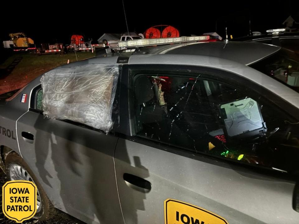 An Iowa State Trooper made quick repairs to his car after it was battered by a tornado.