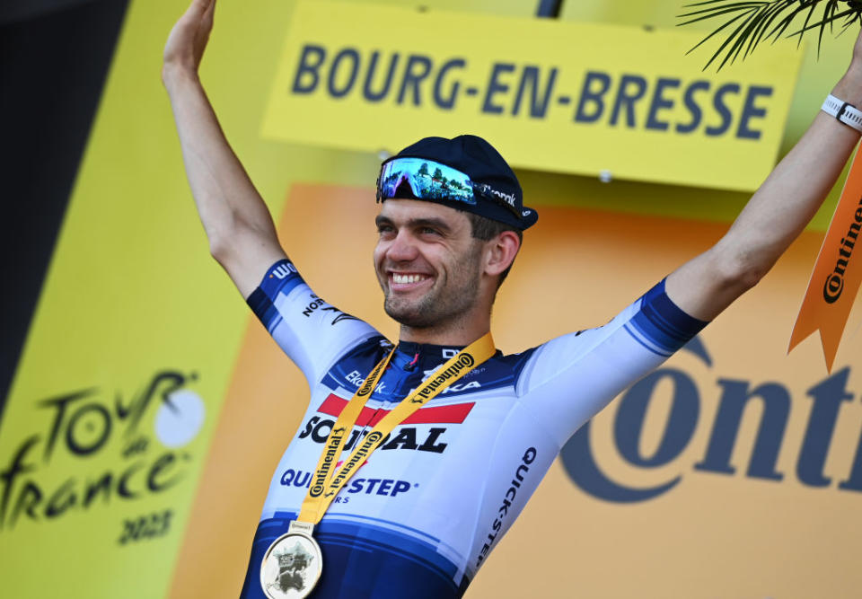 BOURGENBRESSE FRANCE  JULY 20 Kasper Asgreen of Denmark and Team Soudal  Quick Step celebrates at podium as stage winner during the stage eighteen of the 110th Tour de France 2023 a 1849km stage from Motiers to BourgenBresse  UCIWT  on July 20 2023 in BourgenBresse France Photo by Tim de WaeleGetty Images