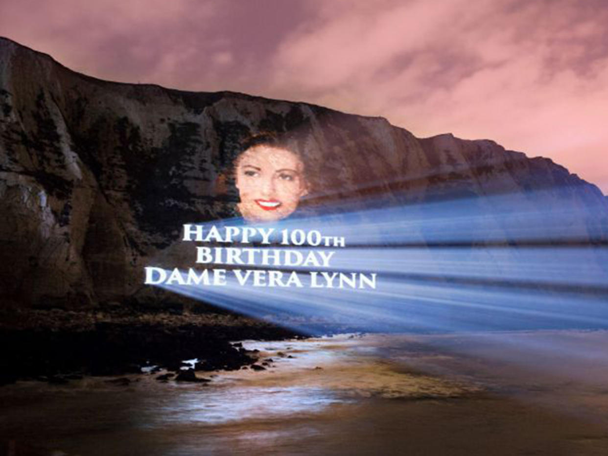 Dame Vera Lynn's portrait was projected onto the White Cliffs of Dover to celebrate her 100th birthday: PA