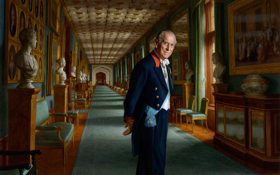 Pictured in The Grand Corridor at Windsor Castle in 2017, Prince Philip is wearing the sash of the Order of the Elephant, Denmark's highest-ranking honour - Getty Images