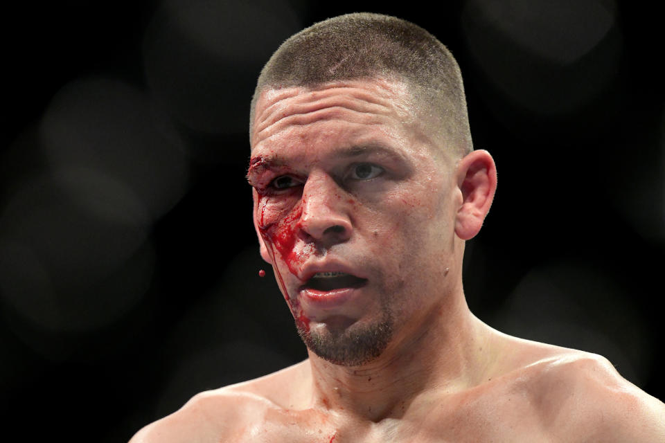 NEW YORK, NEW YORK - NOVEMBER 02: Nate Diaz of the United States fights against Jorge Masvidal (not pictured) of the United States in the Welterweight "BMF" championship bout during UFC 244 at Madison Square Garden on November 02, 2019 in New York City. (Photo by Steven Ryan/Getty Images)