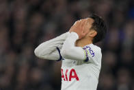 Tottenham's Son Heung-min reacts after missing a chance to score during the English Premier League soccer match between West Ham and Tottenham, at the London stadium in London, Tuesday, April 2, 2024. (AP Photo/Kirsty Wigglesworth)