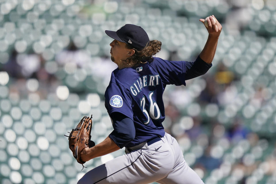 Seattle Mariners starting pitcher Logan Gilbert throws during the fifth inning of a baseball game against the Detroit Tigers, Thursday, Sept. 1, 2022, in Detroit. (AP Photo/Carlos Osorio)