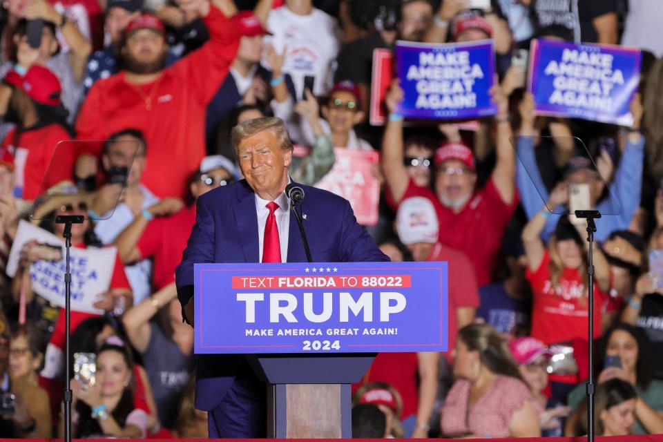 Donald Trump speaks Wednesday during a rally at Ted Hendricks Stadium in Hialeah.