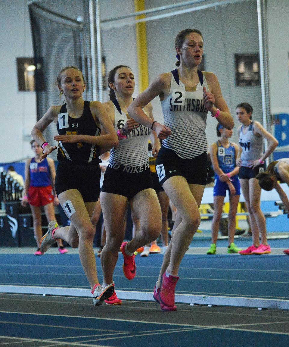 Smithsburg's Cora Gentzel leads teammate Michaela Gross and Harford Tech's Isabel Devos during the girls 1,600. Gentzel won gold in an indoor school-record 5:20.92.