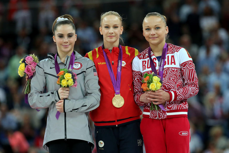 Silver medallist McKayla Maroney (L) of the United States, gold medallist Sandra Raluca Izbasa of Romania and bronze medallist Maria Paseka of Russia pose with their medals during the medal ceremony following the Artistic Gymnastics Women's Vault final on Day 9 of the London 2012 Olympic Games at North Greenwich Arena on August 5, 2012 in London, England. (Photo by Ronald Martinez/Getty Images)