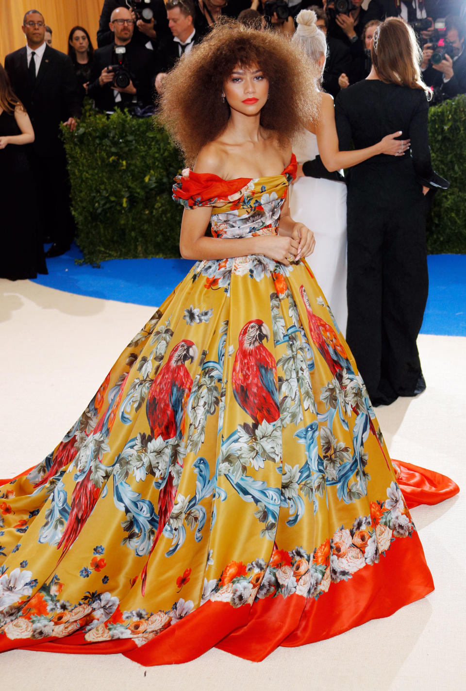 Zendaya in a Dolce & Gabbana ball gown with a parrot print and off-shoulder detail at the Met Gala