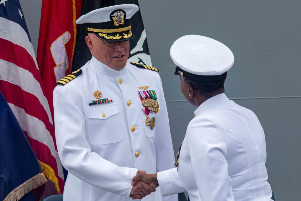 Capt. Chris Hill, then-commanding officer of San Antonio-class amphibious transport dock ship USS Arlington, after receiving the Legion of Merit during a change of command ceremony on Aug. 6, 2021.