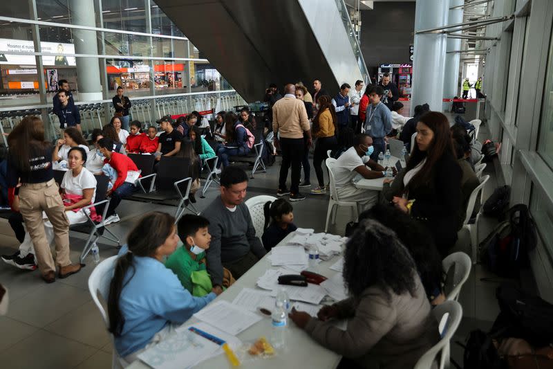 Colombian migrants deported from the U.S. arrive at the El Dorado International Airport in Bogota