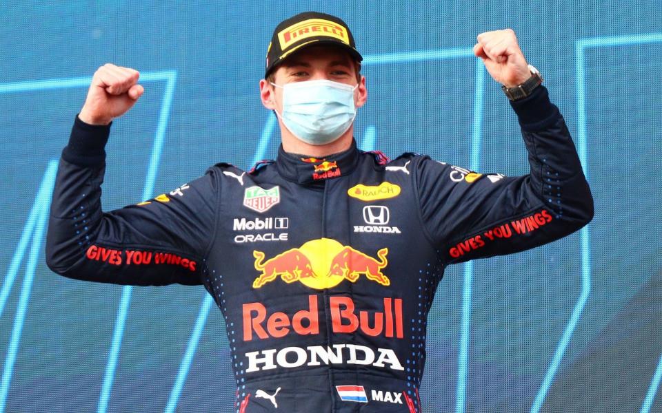 First placed Dutch Formula One driver Max Verstappen of Red Bull Racing celebrates on the podium after the Formula One Grand Prix Emilia Romagna at Imola race track, Italy, 18 April 2021 - DAVIDE GENNARI/EPA-EFE/Shutterstock 