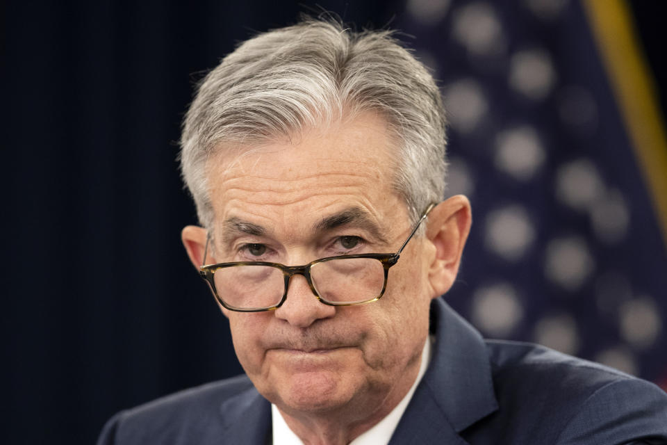 FILE - In this July 31, 2019, file photo, Federal Reserve Chairman Jerome Powell speaks during a news conference following a two-day Federal Open Market Committee meeting in Washington. President Donald Trump is calling on the Federal Reserve to cut interest rates by at least a full percentage-point &#x00201c;over a fairly short period of time,&#x00201d; saying such a move would make the U.S. economy even better and would also &#x00201c;greatly and quickly&#x00201d; enhance the global economy. In two tweets Monday, Aug. 19, Trump kept up his pressure on the Fed and Powell, saying the U.S. economy was strong &#x00201c;despite the horrendous lack of vision by Jay Powell and the Fed.&#x00201d; (AP Photo/Manuel Balce Ceneta, File)