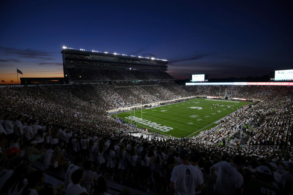 Michigan State and Central Michigan play during the first half of an NCAA college football game Friday, Sept. 1, 2023, in East Lansing, Mich. (AP Photo/Al Goldis)