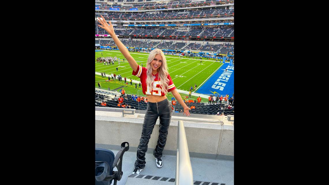 Social media influencer Lacey Jane Brown posed in her Kansas City Chiefs jersey during a game at SoFi Stadium during a Los Angeles Chargers game.