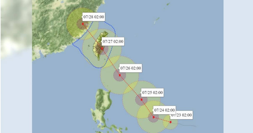 杜蘇芮颱風路徑預測上，登陸地點向南修正於台東縣成功鎮附近。（圖／翻攝自Facebook／氣象達人彭啟明）