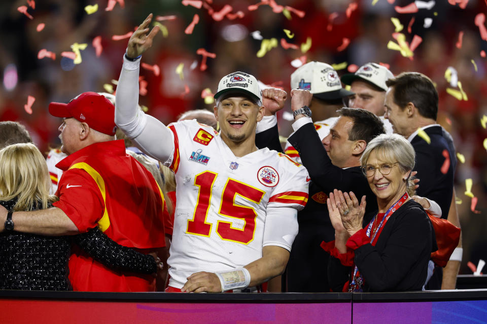 Kansas City Chiefs quarterback Patrick Mahomes celebrates after winning Super Bowl LVII against the Philadelphia Eagles at State Farm Stadium on Feb. 12, 2023 in Glendale, Ariz. (Kevin Sabitus / Getty Images file)