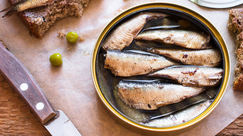 can of sardines on table