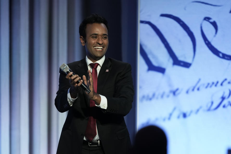 FILE - Republican presidential candidate and businessman Vivek Ramaswamy speaks at the Moms for Liberty meeting in Philadelphia, Saturday, July 1, 2023. He maintains that his religion has much in common with “the Judeo-Christian values this nation was founded on.” (AP Photo/Matt Rourke, File)