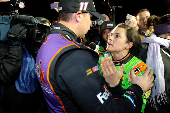 Danica Patrick and Denny Hamlin talk about their in-race incident on pit road after the the NASCAR Sprint Cup Series Budweiser Duel 2