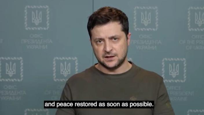 Volodymyr Zelensky speaks to the camera