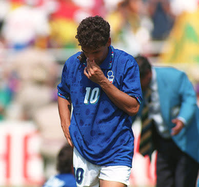 1994 World Cup final - Italy v Brazil<br><br>Both countries ended up playing 0-0 draw through 120 minutes and so this shooutout became the first World Cup final in history to go to penalties. Brazil held a 3-2 lead and Roberto Baggio - who had been stellar for Italy during the tournament - went up to the spot knowing he had to score to keep Italy in the shootout. He sent it over the bar and Brazil won the title.