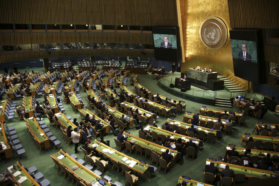 China's Foreign Minister Wang Yi addresses the 73rd session of the United Nations General Assembly, at U.N. headquarters, Friday, Sept. 28, 2018. (AP Photo/Seth Wenig)