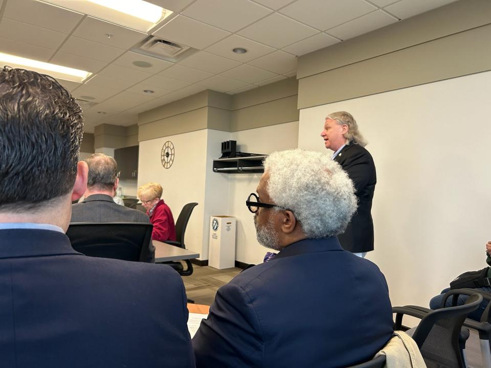 Former Michigan Democratic Party Chairman Mark Brewer speaks to the Macomb County Ethics Board on April 16, 2024, during a meeting in Mount Clemens after he filed two ethics complaints against Macomb County Prosecutor Peter Lucido.