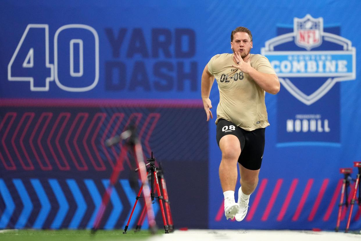 Mar 3, 2024; Indianapolis, IN, USA; Utah offensive lineman Keaton Bills (OL08) during the 2024 NFL Combine at Lucas Oil Stadium. Mandatory Credit: Kirby Lee-USA TODAY Sports