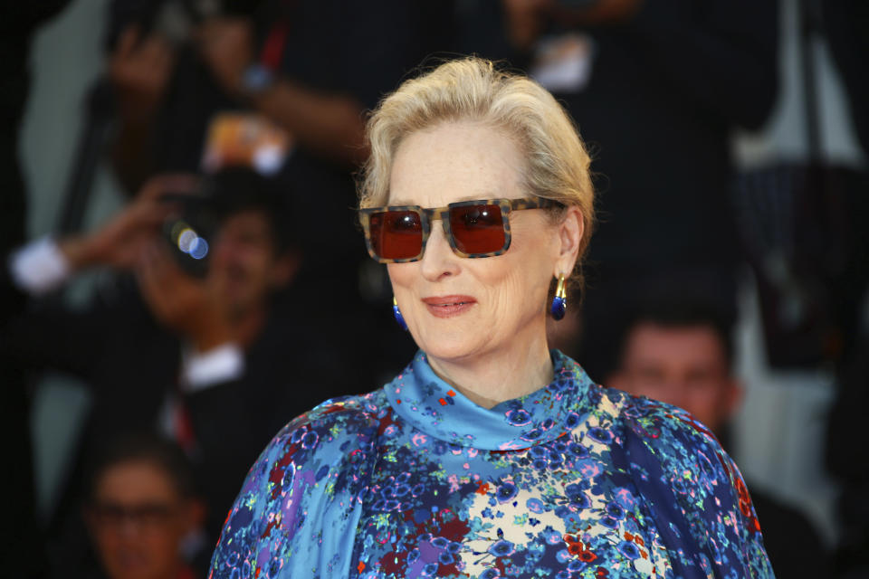 FILE - Actress Meryl Streep poses for photographers upon her arrival at the premiere of the film 'The Laundromat' at the 76th edition of the Venice Film Festival, Venice, Italy, Sunday, Sept. 1, 2019. Meryl Streep has won one of Spain’s most prestigious awards in the arts for her long career of acting excellence, the jury of the Princess of Asturias awards said Wednesday. (Photo by Joel C Ryan/Invision/AP, File)
