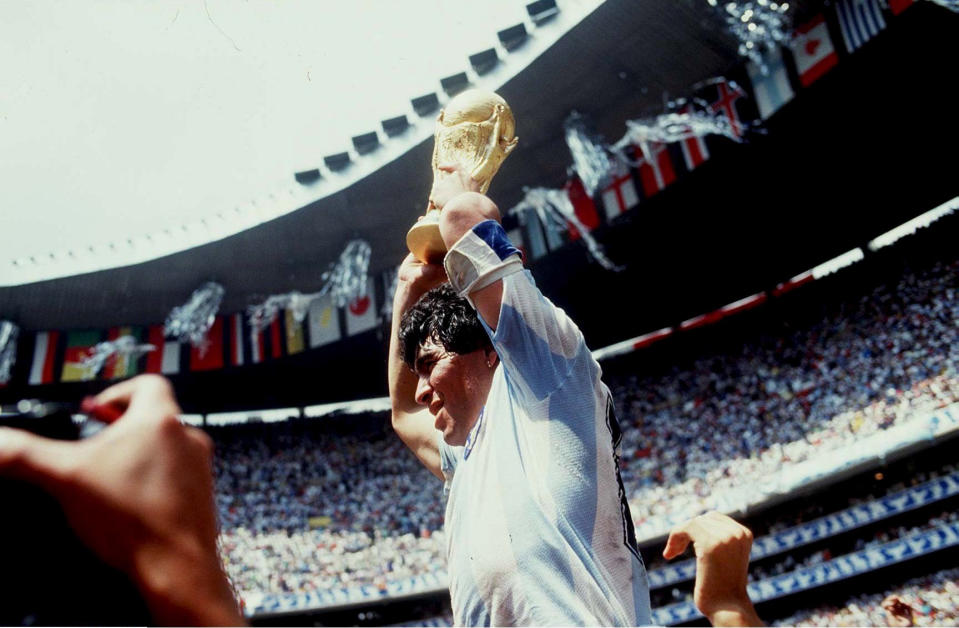 Diego Maradona lifts the World Cup at the Estadio Azteca in Mexico City, June 1986