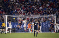 United States midfielder Lindsey Horan (9) scores on a header during the second half of a SheBelieves Cup women's soccer match against Japan, Wednesday, March 11, 2020 at Toyota Stadium in Frisco, Texas. (AP Photo/Jeffrey McWhorter)