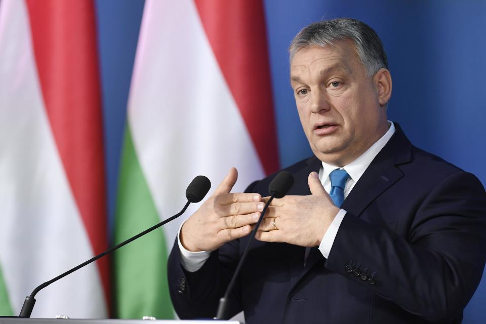 Hungarian Prime Minister Viktor Orban addresses the media during an international press conference in the Cabinet Office of the Prime Minister in Budapest, Hungary, Thursday, Jan. 10, 2019. (Szilard Koszticsak/MTI via AP)