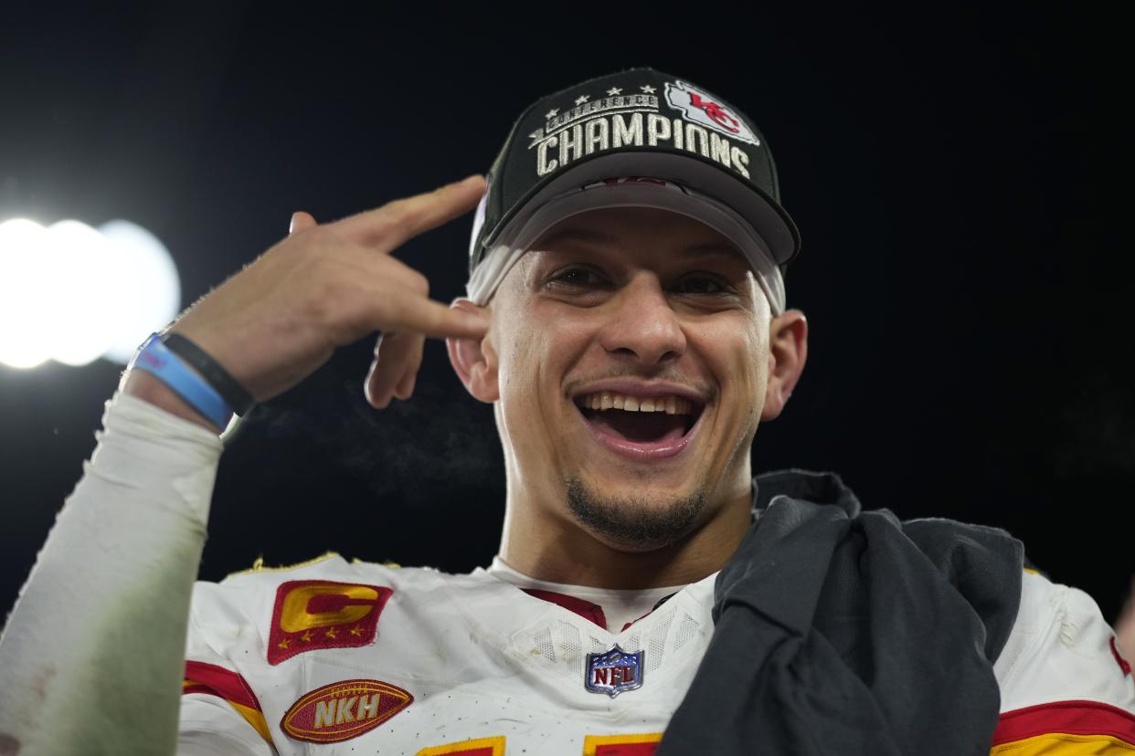 Kansas City Chiefs quarterback Patrick Mahomes (15) celebrates after the AFC Championship NFL football game against the Baltimore Ravens, Sunday, Jan. 28, 2024, in Baltimore. The Chiefs won 17-10. (AP Photo/Matt Slocum)