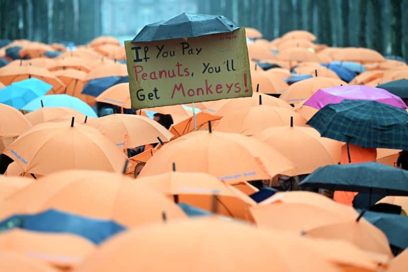 Doctors protest in the Hofgarten with a sign reading "If You Pay Peanuts, You'll Get Monkeys" during a strike aim to increase the pressure on the Collective Bargaining Association of German States in the wage negotiations. Federico Gambarini/dpa
