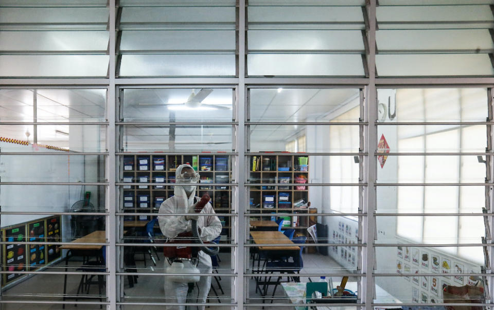 Jee carries out decontamination work at the Special Children’s Centre in George Town, April 4, 2020. — Picture by Sayuti Zainudin